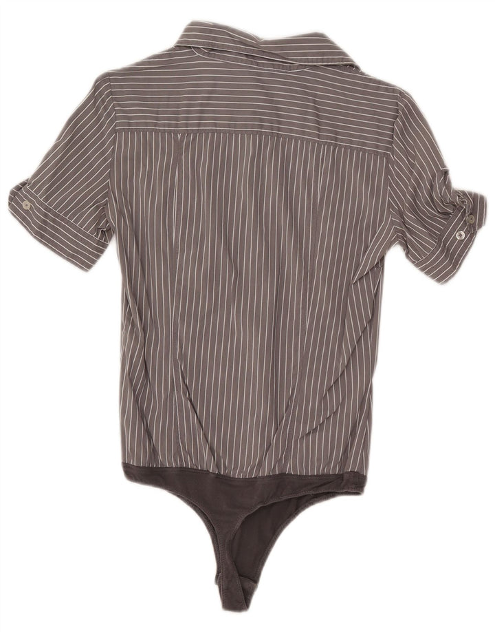 Benetton Womens Short Sleeve Shirt Bodysuit UK 10 Small Grey Striped Cotton