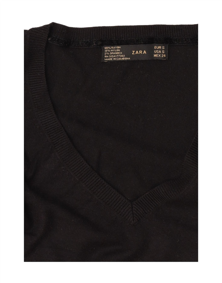 Zara Womens V-Neck Jumper Sweater UK 8 Small Black Rayon