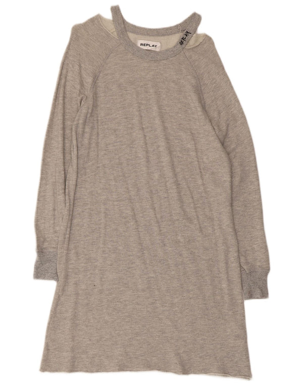 Replay Womens Long Sleeve Sweatshirt Jumper Dress UK 10 Small Grey Cotton