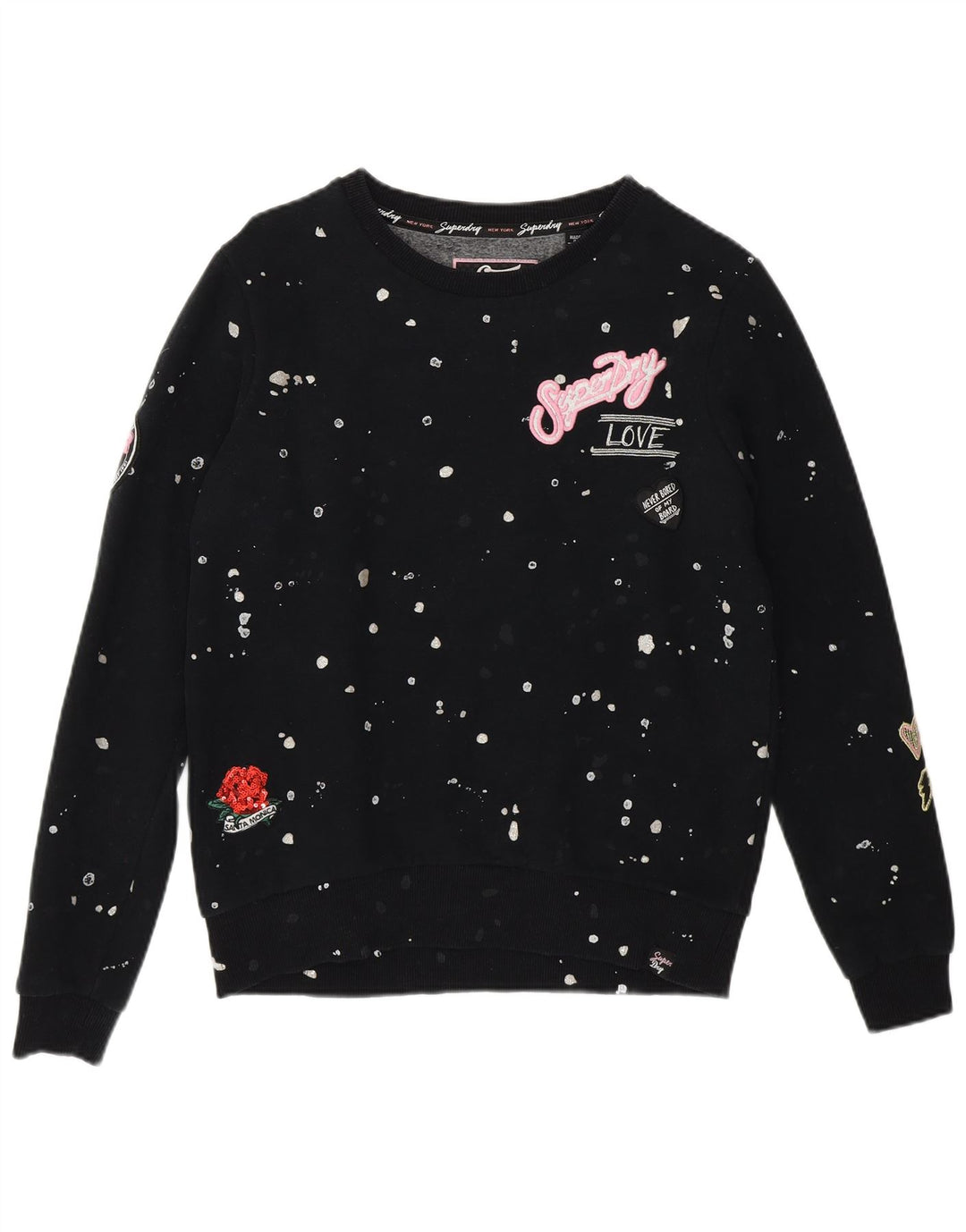 SUPERDRY Womens Oversized Sweatshirt Jumper UK 10 Small Black Spotted