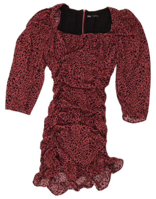 Zara Womens 3/4 Sleeve Bodycon Dress UK 12 Medium Pink Animal Print
