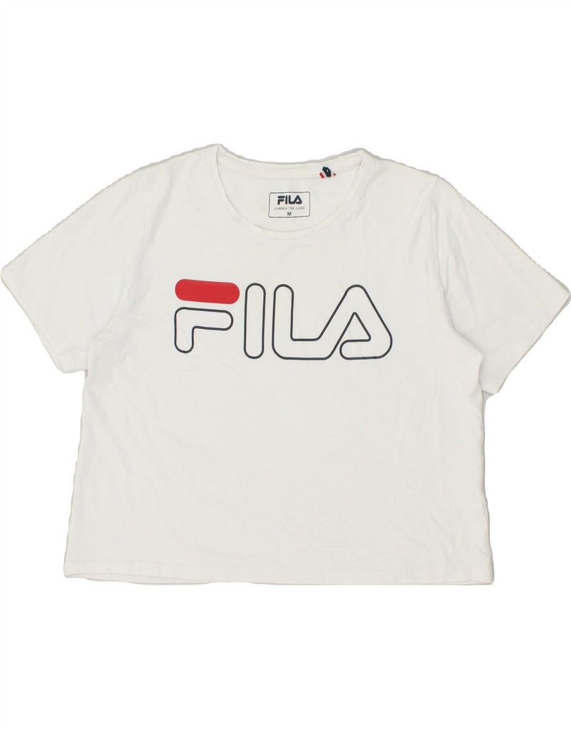FILA Womens Crop Graphic T-Shirt Top UK 14 Medium White | Vintage Fila | Thrift | Second-Hand Fila | Used Clothing | Messina Hembry 