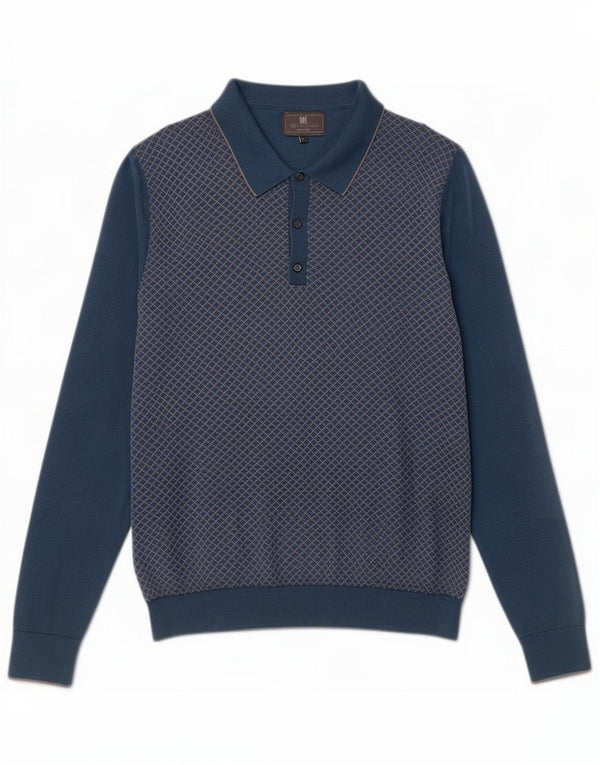 Marks & Spencer Mens Tailored Fit Polo Neck Jumper Sweater Large Blue Check