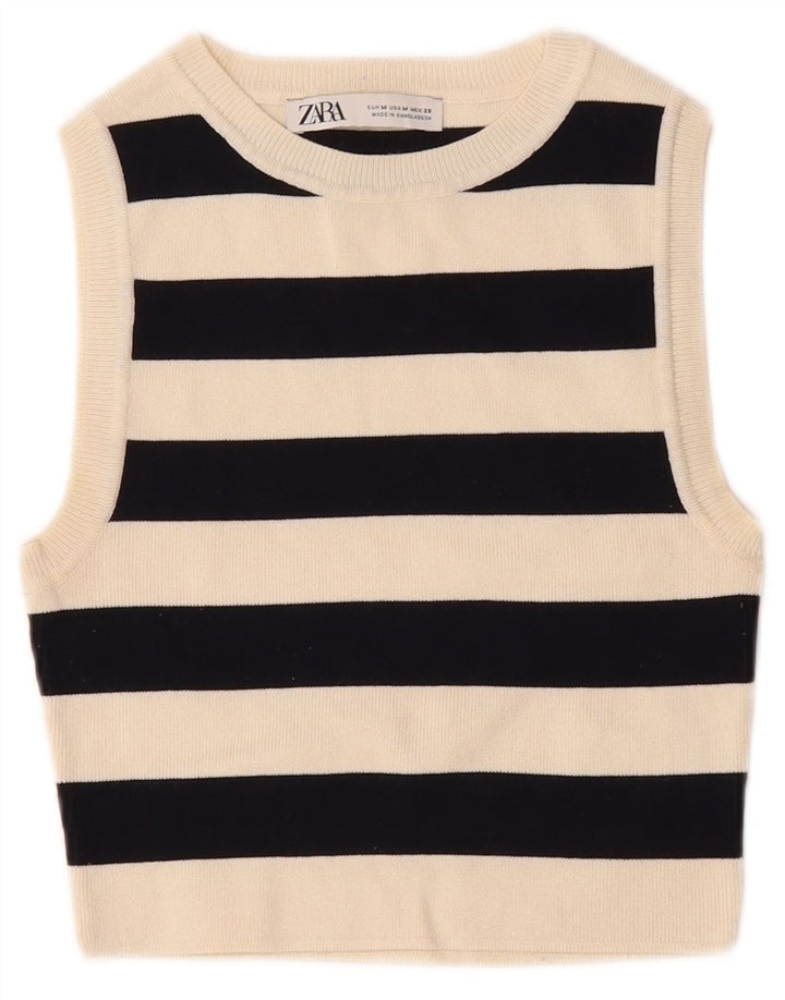Zara Womens Sleeveless Crop Top UK 12 Medium White Striped Viscose