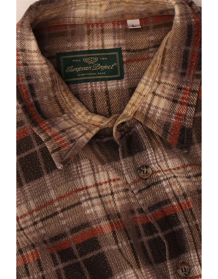 European Project Mens Flannel Shirt Large Brown Check Cotton