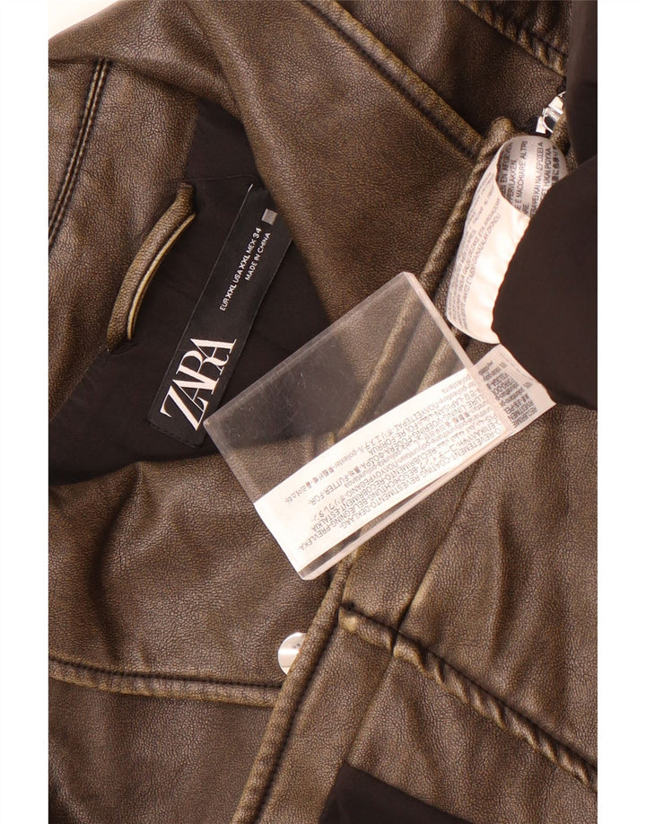 Zara Womens Faux Leather Biker Jacket UK 20 2XL Brown Polyurethane