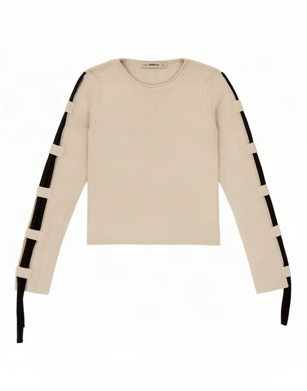 Zara Womens Crop Top Long Sleeve UK 8 Small Grey Colourblock Viscose