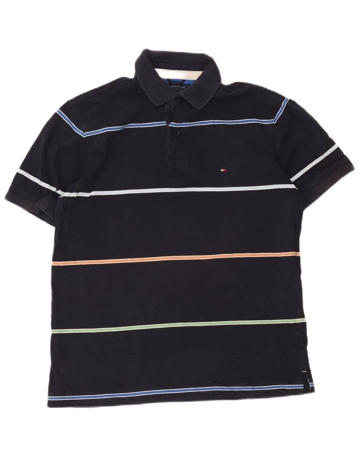 Tommy Hilfiger Mens Polo Shirt Medium Navy Blue Striped Cotton
