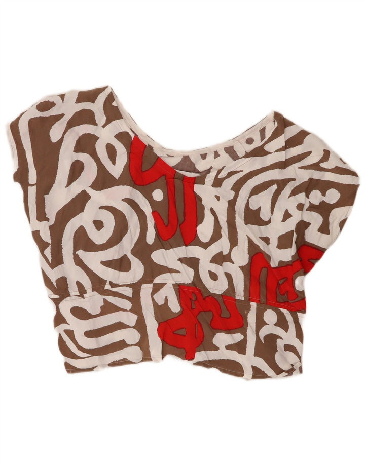 Vintage Womens Crop Blouse Top UK 16 Large Brown Geometric
