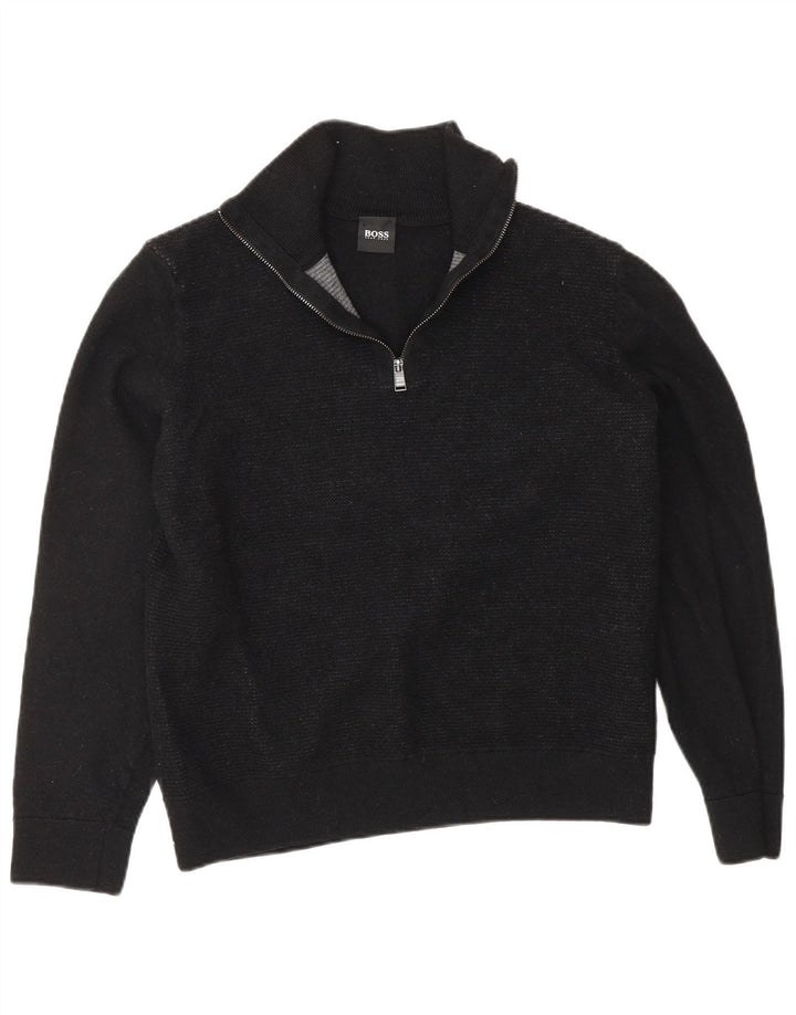 HUGO BOSS Womens Zip Neck Jumper Sweater UK 16 Large Black Virgin Wool Vintage Hugo Boss and Second-Hand Hugo Boss from Messina Hembry 