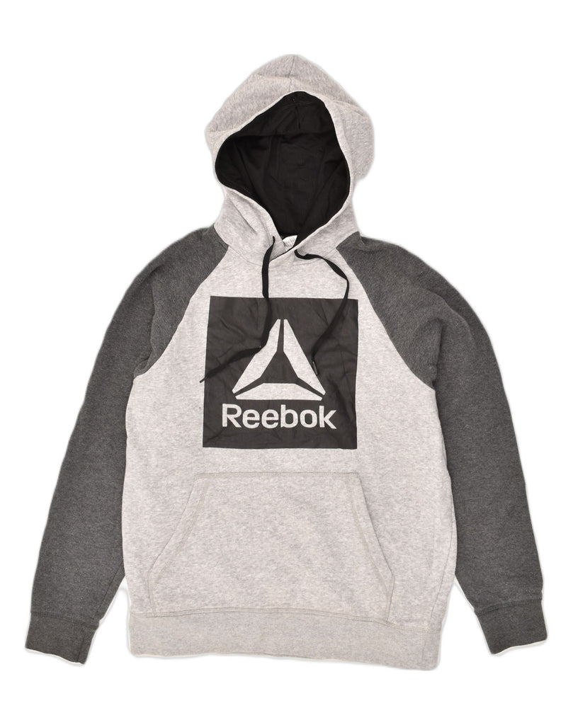 REEBOK Mens Graphic Hoodie Jumper Small Grey Colourblock Cotton | Vintage Reebok | Thrift | Second-Hand Reebok | Used Clothing | Messina Hembry 