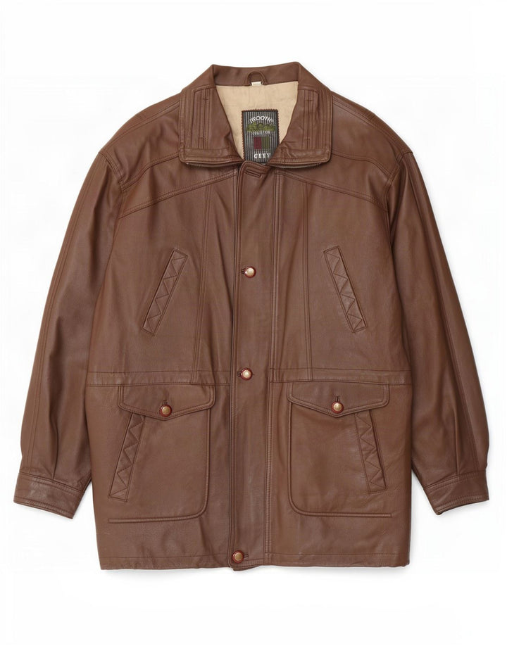 Smooth Mens Leather Coat IT 52 XL Brown
