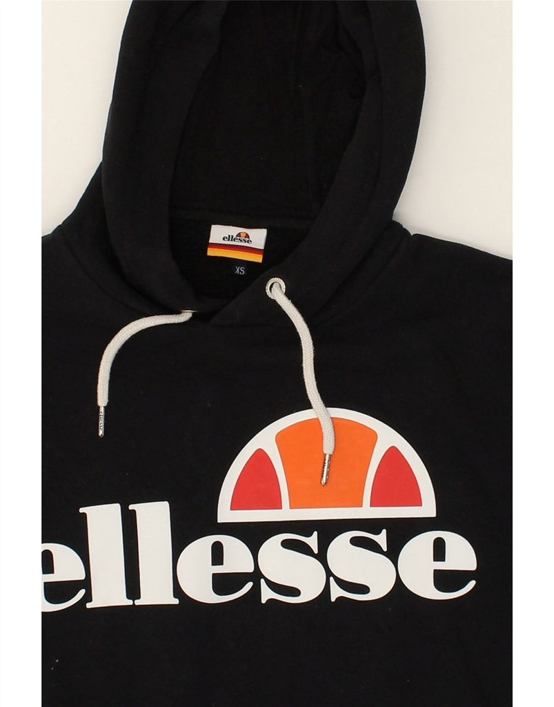 ELLESSE Womens Graphic Hoodie Jumper UK 6 XS Black Cotton | Vintage Ellesse | Thrift | Second-Hand Ellesse | Used Clothing | Messina Hembry 