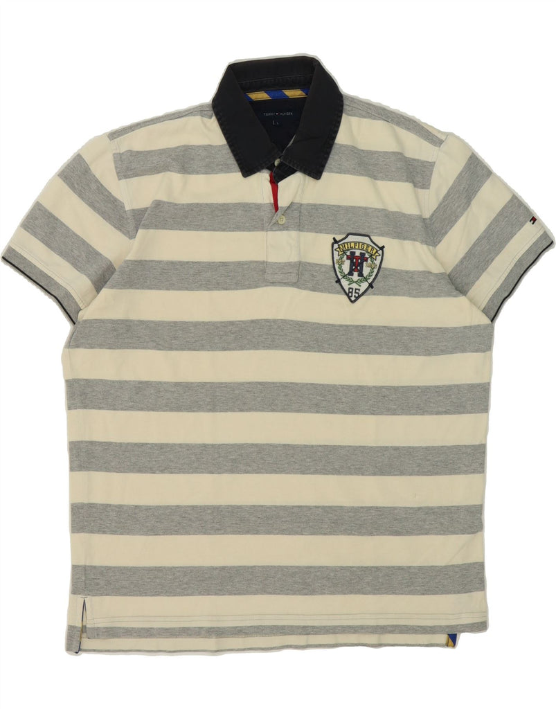 TOMMY HILFIGER Mens Polo Shirt Large Beige Striped Cotton Vintage Tommy Hilfiger and Second-Hand Tommy Hilfiger from Messina Hembry 