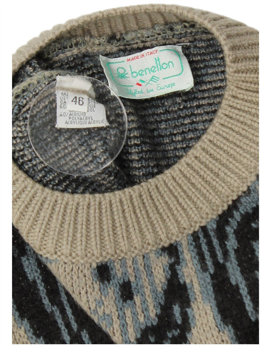 BENETTON Mens Longline Crew Neck Jumper Sweater IT 46 Large Grey Floral