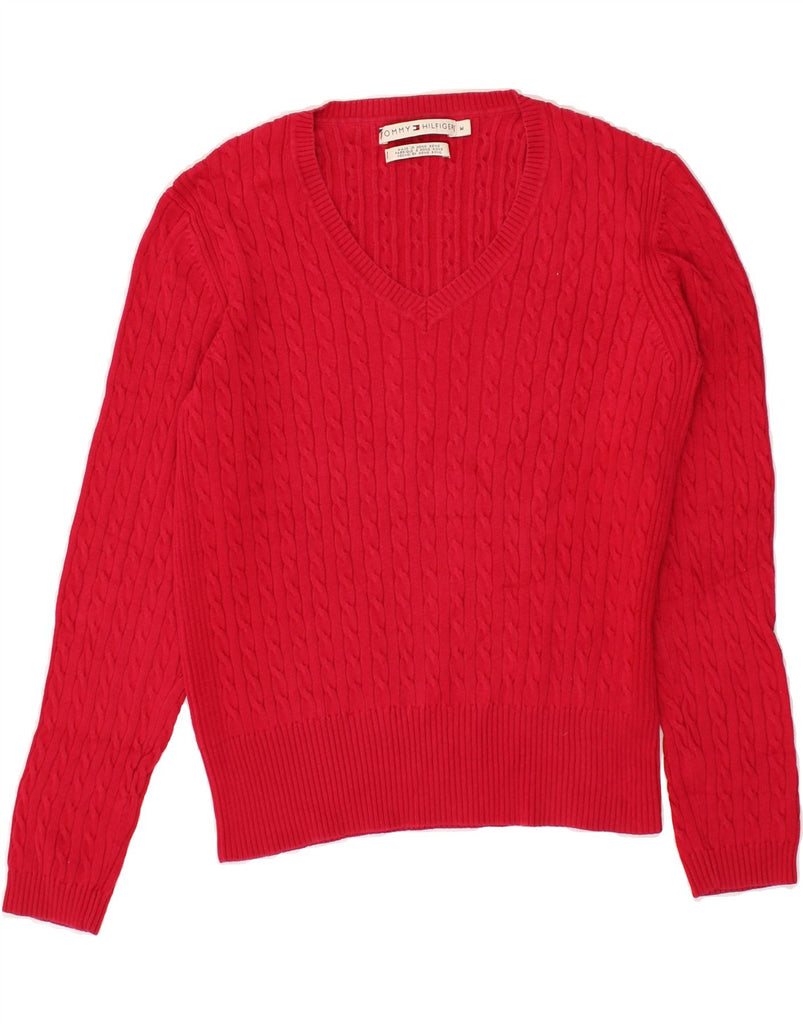 TOMMY HILFIGER Womens V-Neck Jumper Sweater UK 14 Medium Red Cotton | Vintage Tommy Hilfiger | Thrift | Second-Hand Tommy Hilfiger | Used Clothing | Messina Hembry 