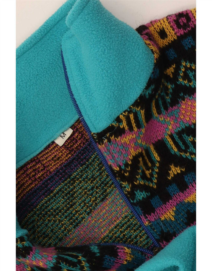 Vintage Mens Zip Neck Fleece Jumper Medium Blue Geometric
