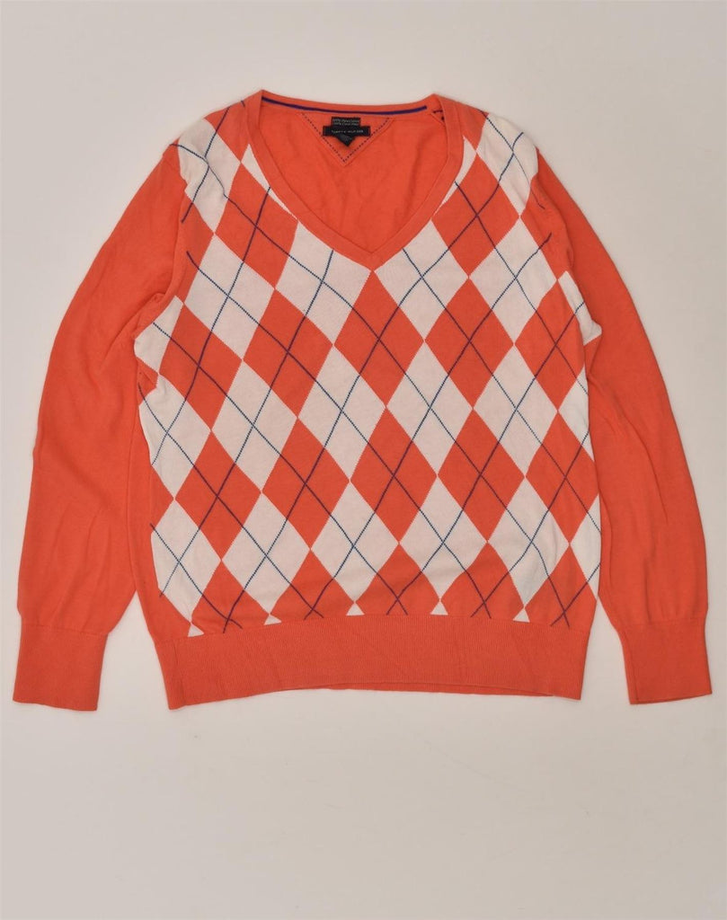 TOMMY HILFIGER Womens V-Neck Jumper Sweater UK 18 XL Orange Argyle/Diamond | Vintage Tommy Hilfiger | Thrift | Second-Hand Tommy Hilfiger | Used Clothing | Messina Hembry 