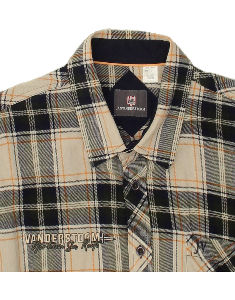 VINTAGE Mens Flannel Shirt Size 40 Medium Beige Check Cotton Vintage Vintage and Second-Hand Vintage from Messina Hembry 