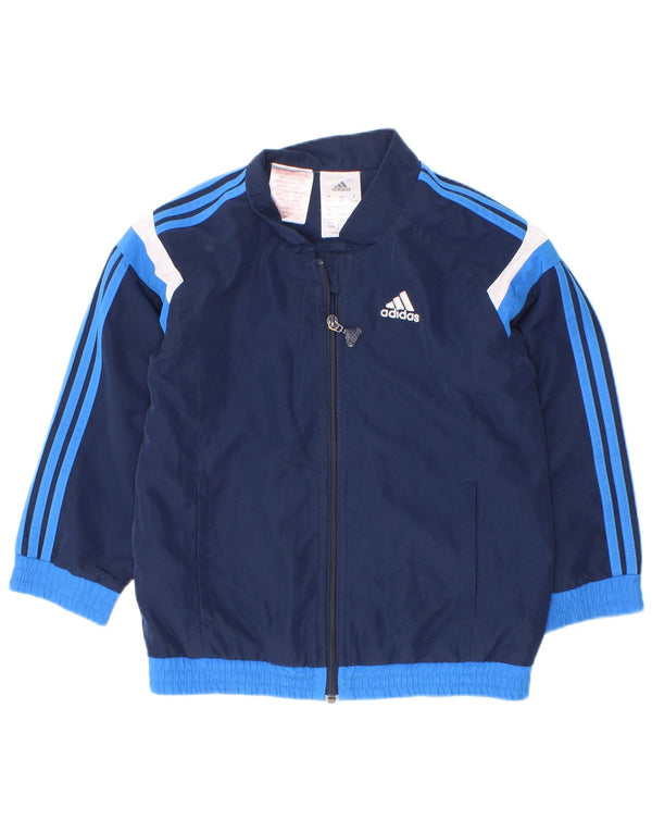 Adidas Boys Tracksuit Top Jacket 3-4 Years Navy Blue Colourblock Polyester