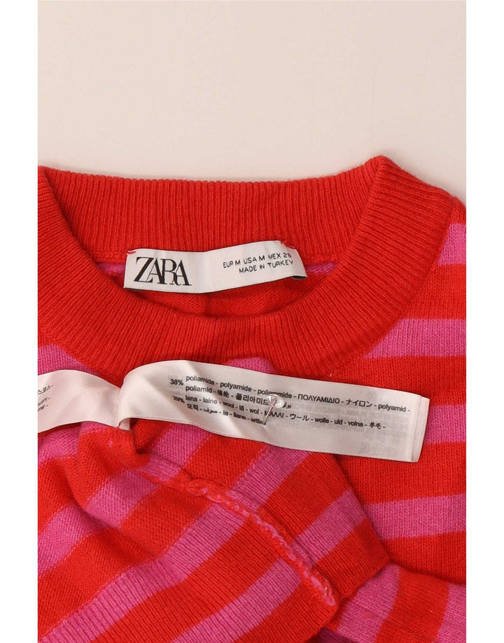 Zara Womens Crew Neck Jumper Sweater UK 14 Medium Red Striped Polyamide