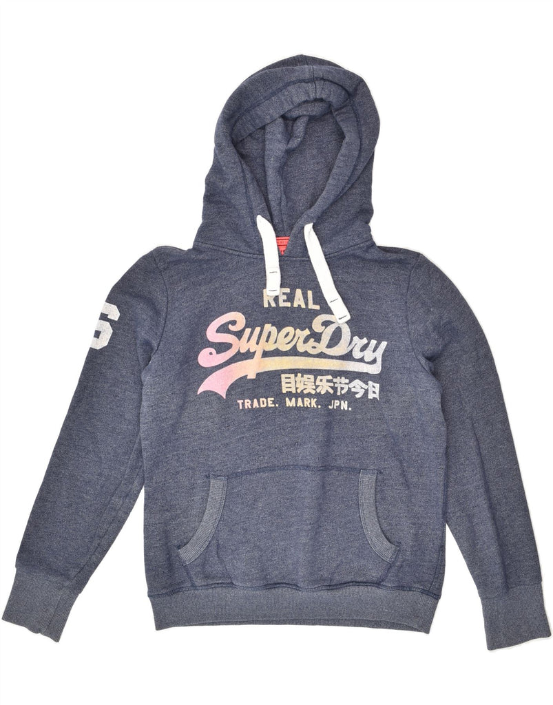 SUPERDRY Womens Graphic Hoodie Jumper UK 16 Large Navy Blue Cotton | Vintage Superdry | Thrift | Second-Hand Superdry | Used Clothing | Messina Hembry 