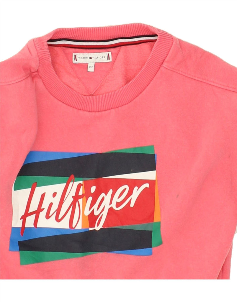 TOMMY HILFIGER Girls Graphic Sweatshirt Jumper 10-11 Years Pink Cotton | Vintage Tommy Hilfiger | Thrift | Second-Hand Tommy Hilfiger | Used Clothing | Messina Hembry 