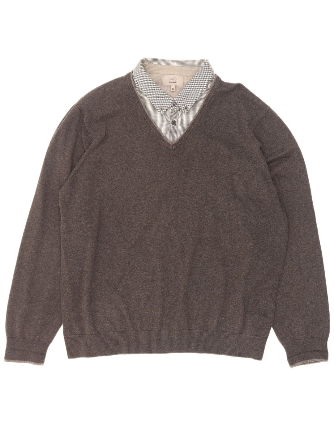 Marks & Spencer Mens Regular Fit V-Neck Jumper Sweater XL Grey Cotton