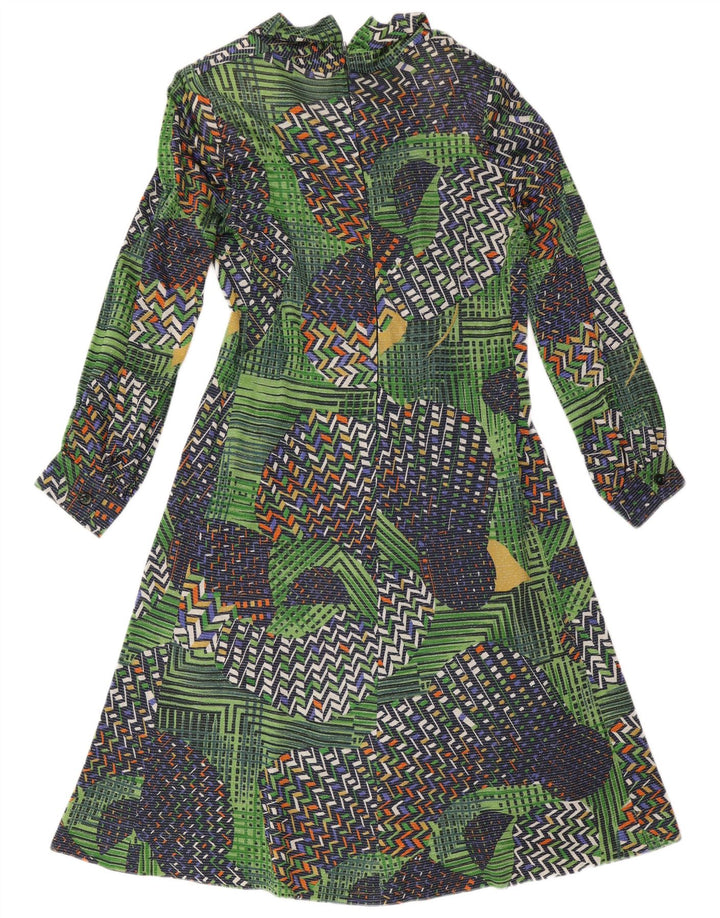 Vintage Womens Long Sleeve A-Line Dress UK 14 Medium Green Patchwork