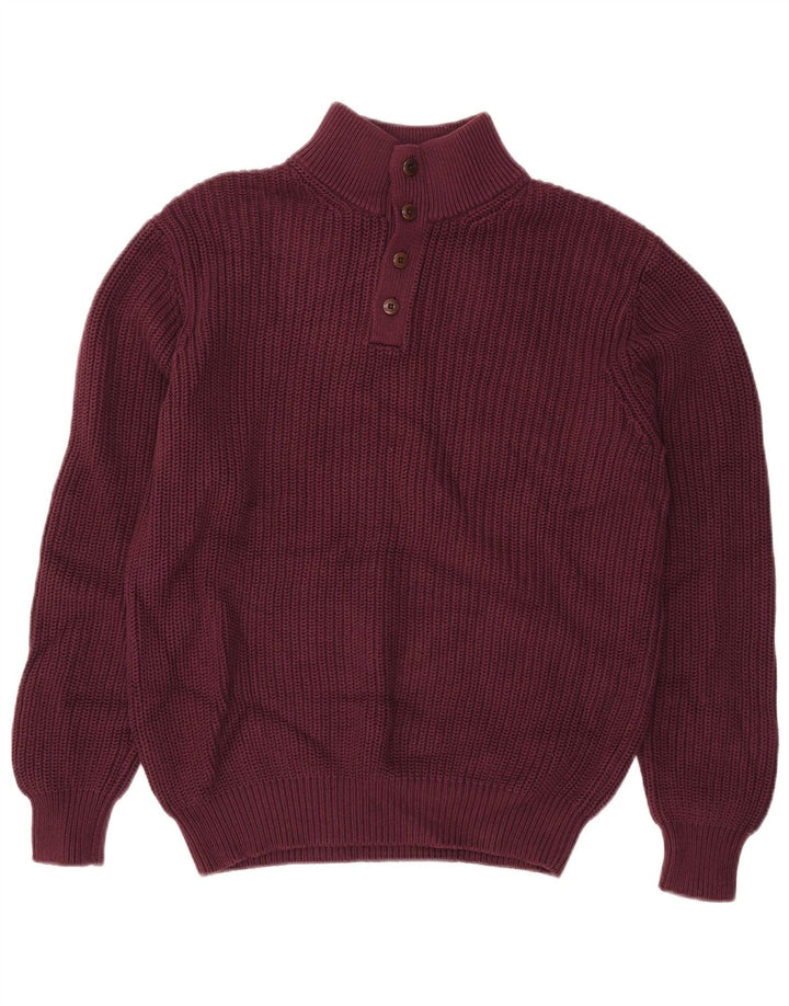 L.L.Bean Mens Button Neck Jumper Sweater Medium Burgundy Cotton
