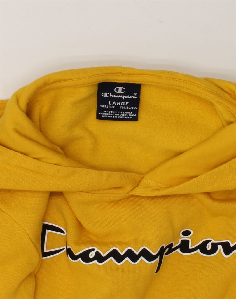 CHAMPION Girls Graphic Hoodie Jumper 11-12 Years Large  Yellow Cotton | Vintage Champion | Thrift | Second-Hand Champion | Used Clothing | Messina Hembry 