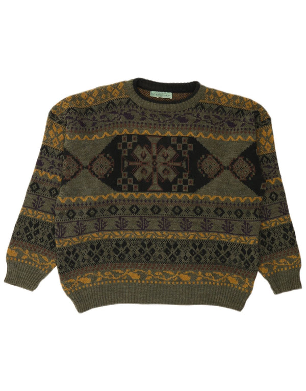C.C.Concord Mens Boat Neck Jumper Sweater Large Green Fair Isle Acrylic