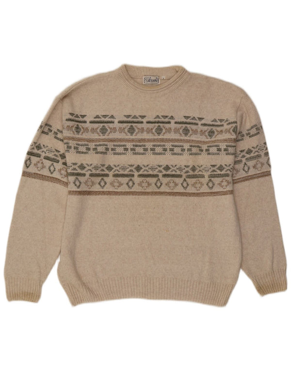 Vintage Mens Crew Neck Jumper Sweater Large Beige Geometric Cotton