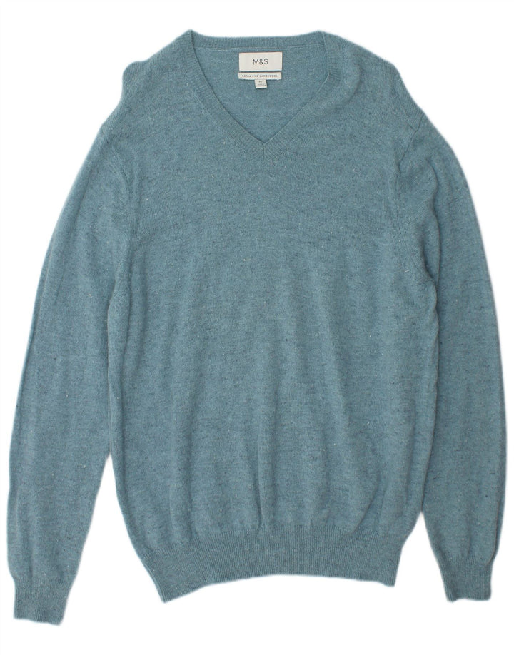 Marks & Spencer Mens V-Neck Jumper Sweater XL Blue Flecked Lambswool
