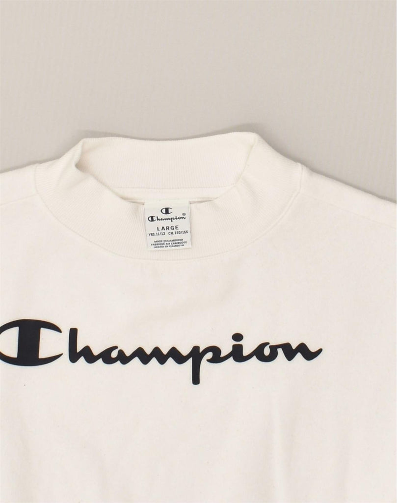 CHAMPION Boys Graphic Sweatshirt Jumper 11-12 Years Large  White Cotton | Vintage Champion | Thrift | Second-Hand Champion | Used Clothing | Messina Hembry 