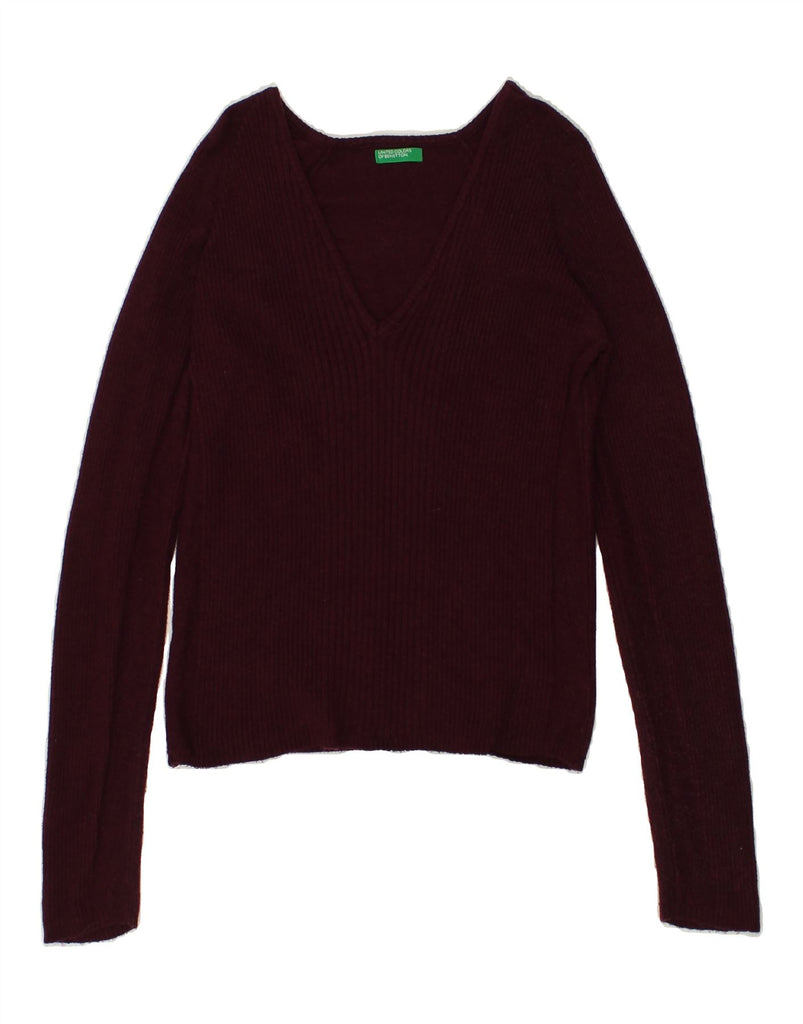 BENETTON Womens Crop V-Neck Jumper Sweater UK 8 Small Burgundy Nylon | Vintage Benetton | Thrift | Second-Hand Benetton | Used Clothing | Messina Hembry 