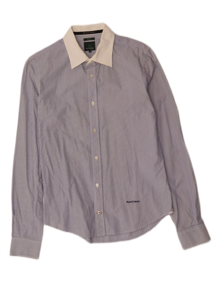 HENRY COTTONS Mens Slim Fit Shirt Size 39 Medium Blue Pinstripe Vintage Henry Cottons and Second-Hand Henry Cottons from Messina Hembry 