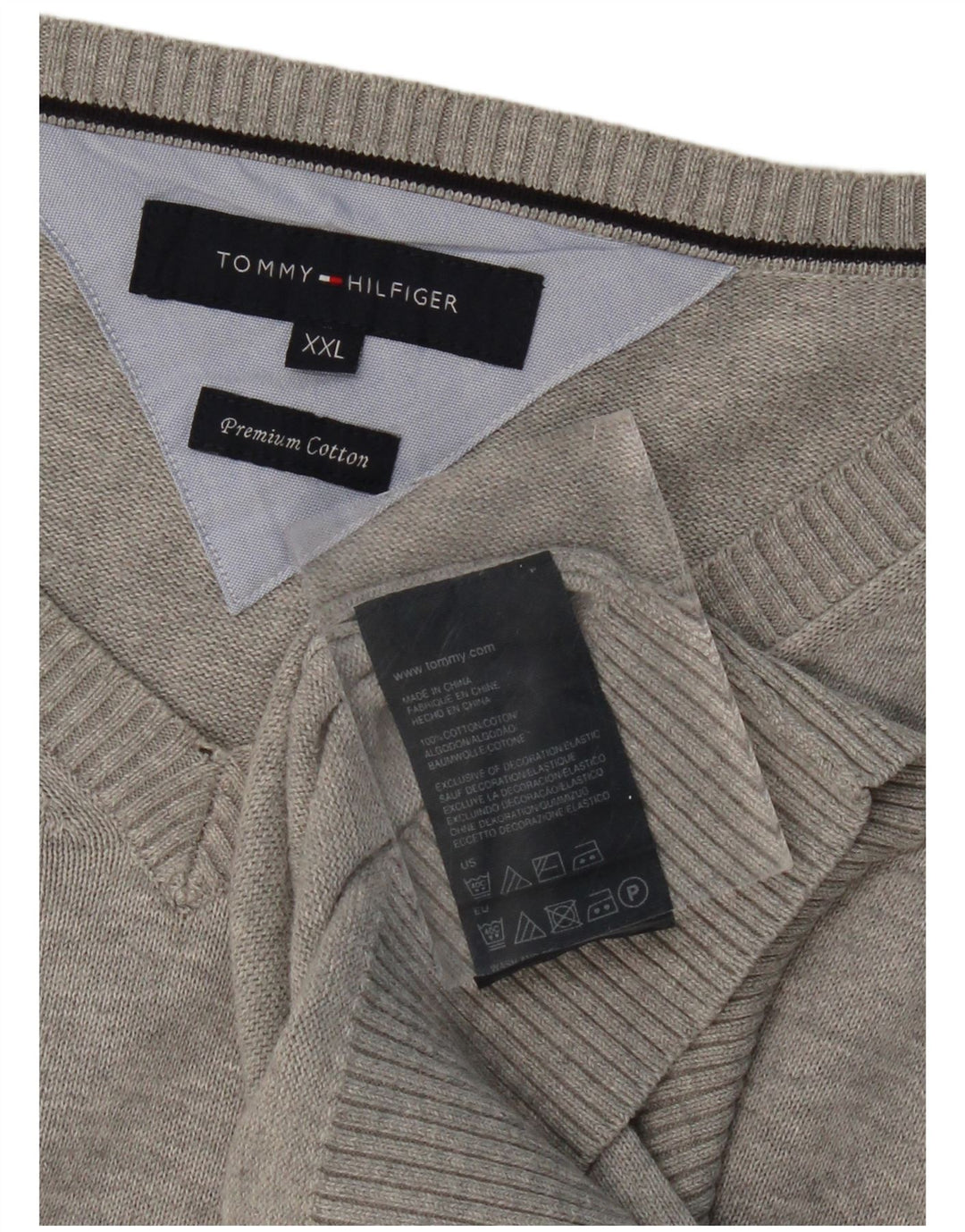 TOMMY HILFIGER Mens V-Neck Jumper Sweater 2XL Grey Cotton