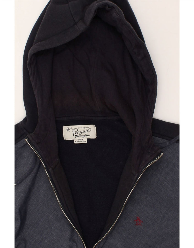 PENGUIN Mens Hooded Bomber Jacket UK 36 Small Navy Blue Colourblock Cotton | Vintage Penguin | Thrift | Second-Hand Penguin | Used Clothing | Messina Hembry 