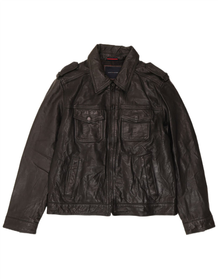 Tommy Hilfiger Mens Military Leather Jacket UK 40 Large Black