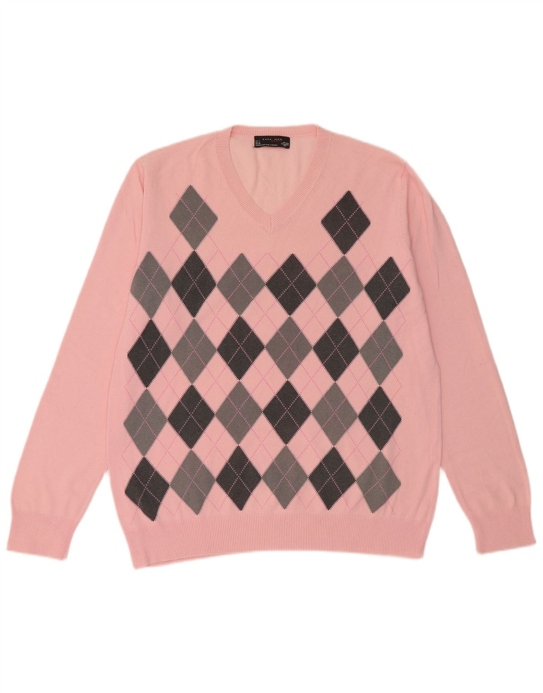 Zara Mens V-Neck Jumper Sweater Large Pink Argyle/Diamond Cotton