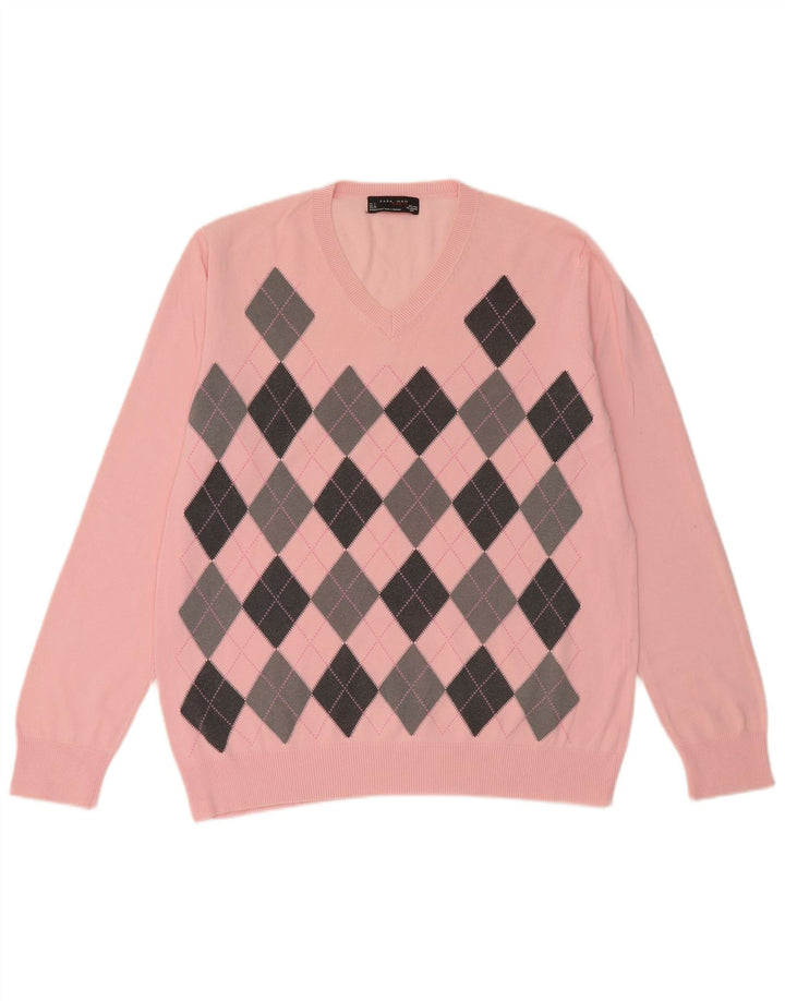Zara Mens V-Neck Jumper Sweater Large Pink Argyle/Diamond Cotton