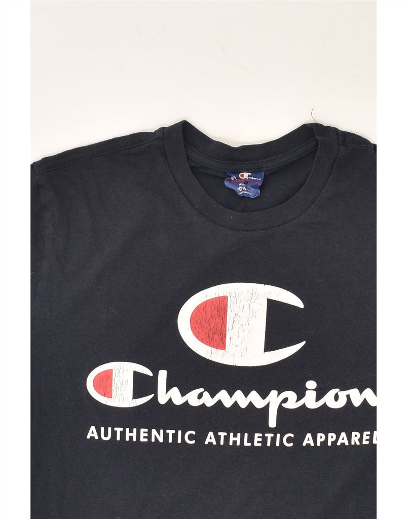 CHAMPION Womens Graphic T-Shirt Top UK 14 Medium Navy Blue Cotton | Vintage Champion | Thrift | Second-Hand Champion | Used Clothing | Messina Hembry 