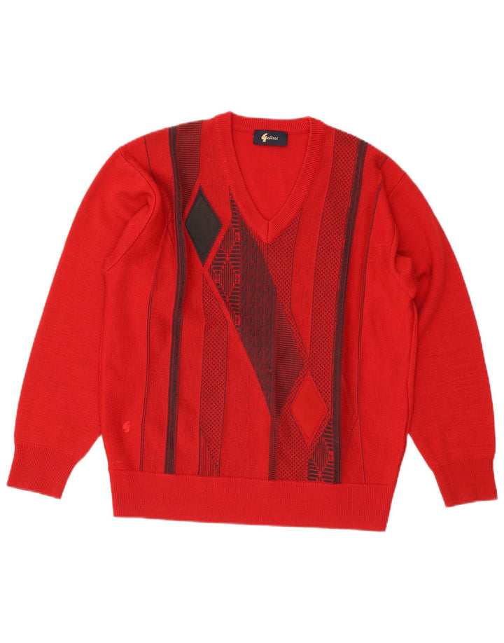 Gabicci Mens V-Neck Jumper Sweater Medium Red Geometric Wool
