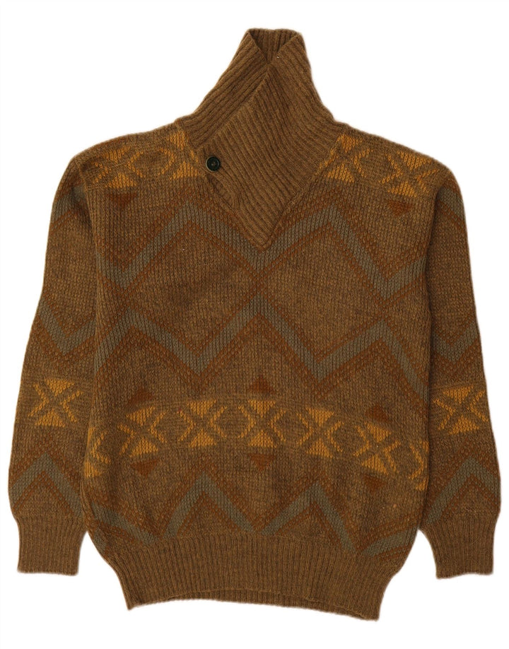Vintage Mens Shawl Neck Jumper Sweater IT 48 Medium Khaki Geometric