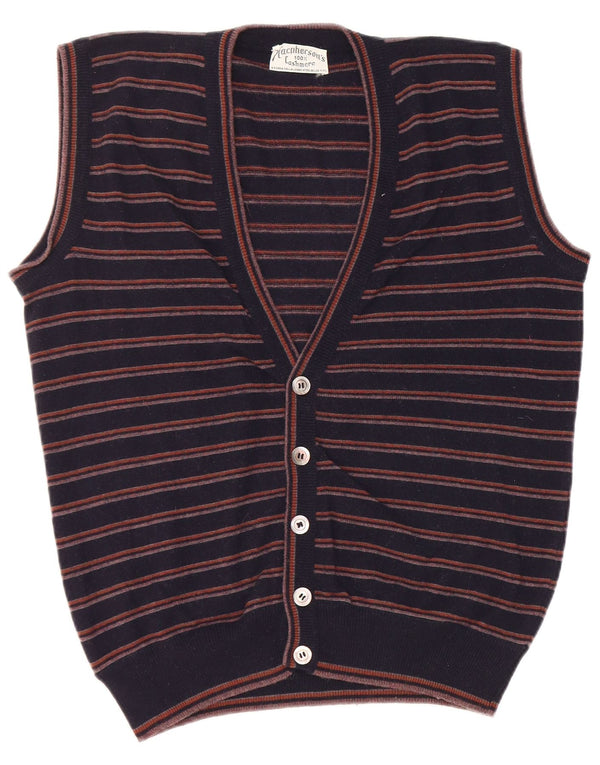 Vintage Mens Sleeveless Cardigan Sweater IT 52 Large Navy Blue Striped Silk
