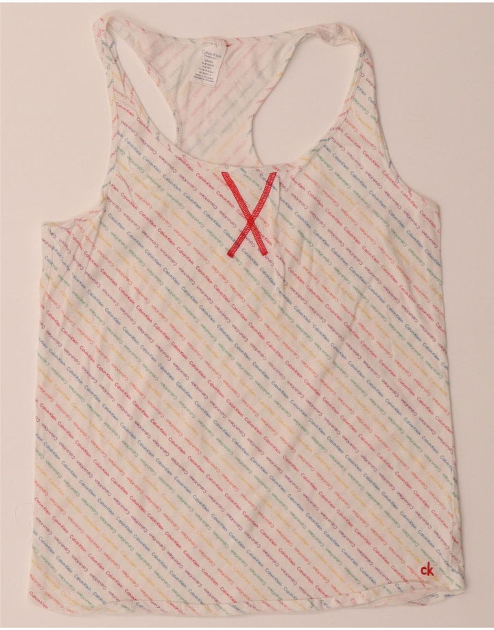CALVIN KLEIN Womens Graphic Vest Top UK 10 Small White Cotton Vintage Calvin Klein and Second-Hand Calvin Klein from Messina Hembry 