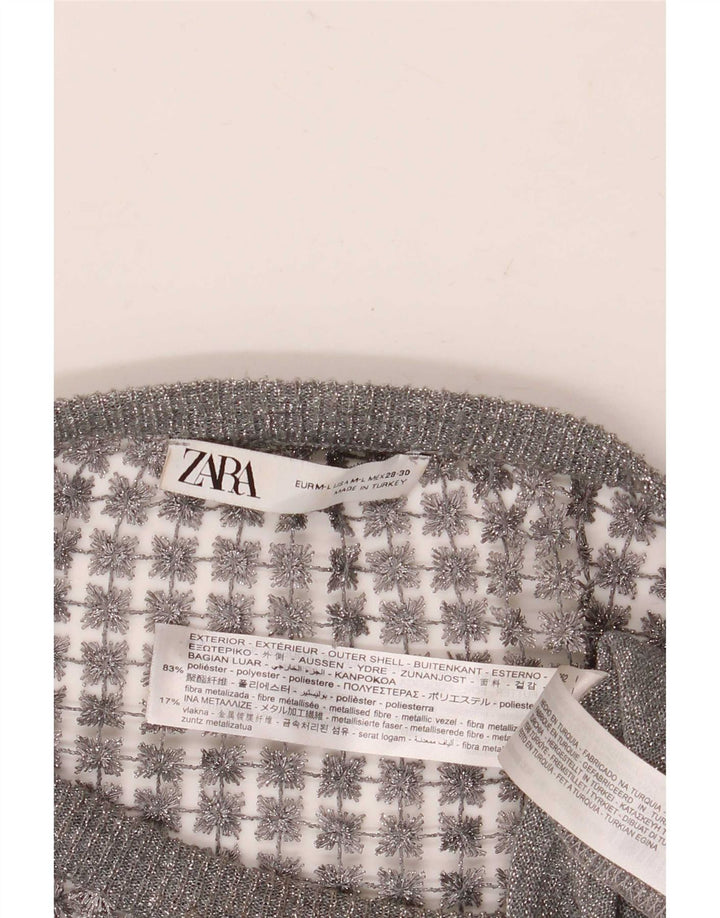 Zara Womens Crop See Through Blouse Top UK 14 Medium Grey Floral