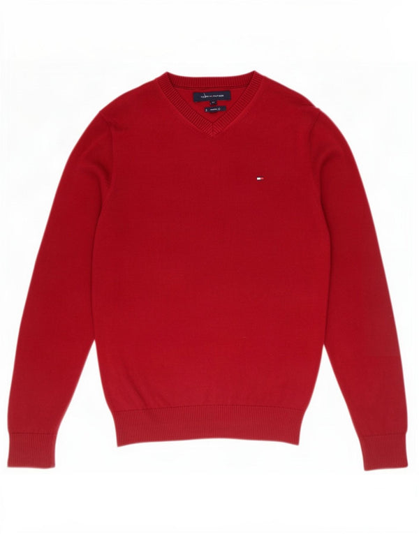 Tommy Hilfiger Mens V-Neck Jumper Sweater XS Burgundy Cotton