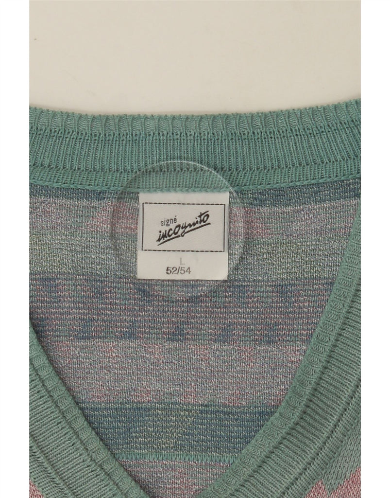 INCOGNITO Mens V-Neck Jumper Sweater IT 52/54 Large Green Geometric Cotton Vintage Incognito and Second-Hand Incognito from Messina Hembry 